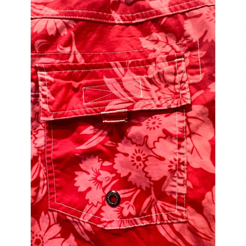 J. Crew Mens Red Floral Hibiscus Board Shorts Swim Trunks Size 32 Cargo Pocket